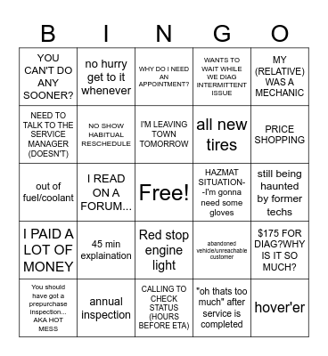 Dealer Service Advisor Bingo Card