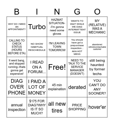 Dealer Service Advisor Bingo Card