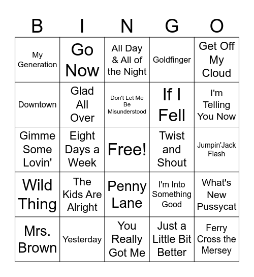 British Invasion Bingo Card