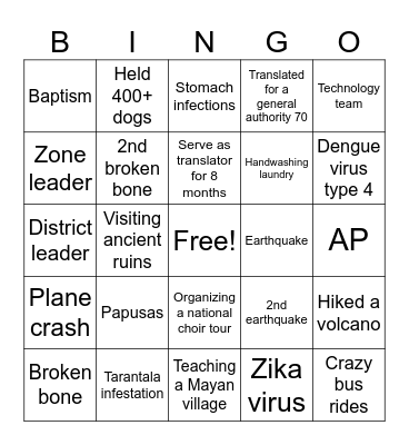 Nate's Mission Experience Bingo Card