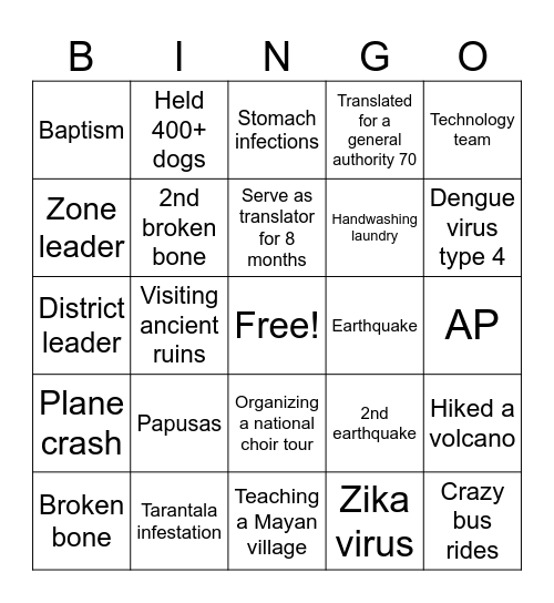 Nate's Mission Experience Bingo Card