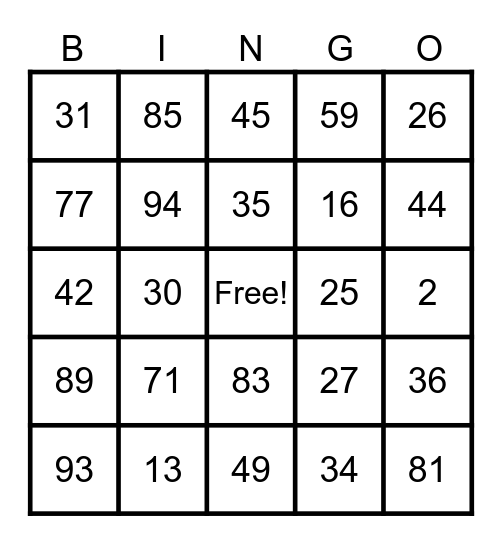 Number Identification Bingo Card