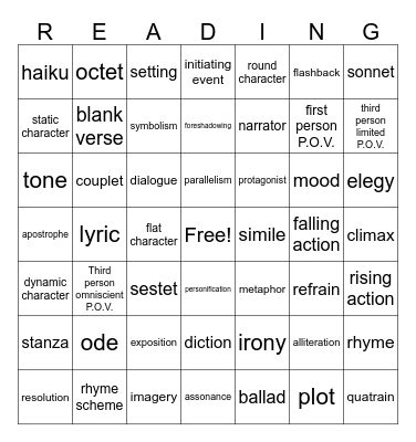 Literary Vocab Bingo Card