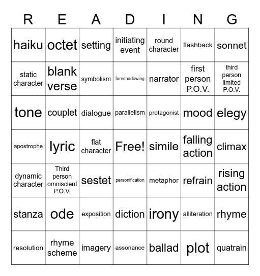 Literary Vocab Bingo Card
