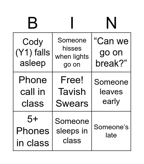 Student Bingo Card