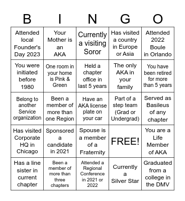 ALPHA KAPPA ALPHA SORORITY Bingo Card