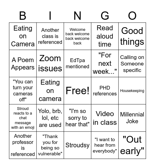 Class Bingo Card