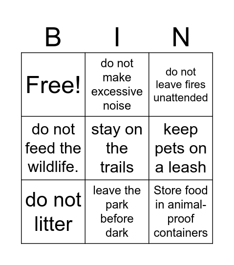 Start Up 6 Unit 4 Lesson 1: "Talk about park rules" Bingo Card