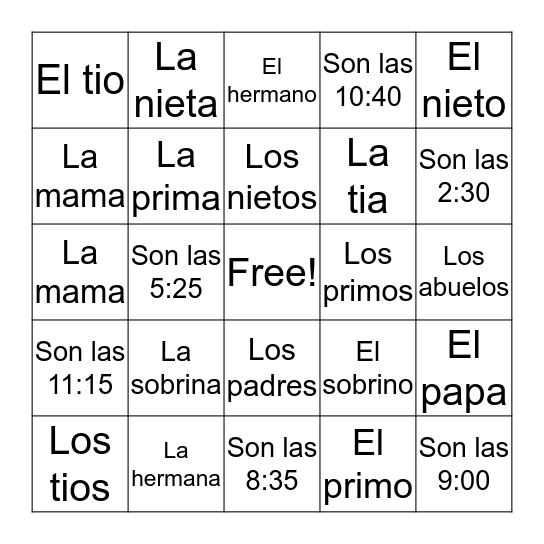 Familia/ Que hora es? Bingo Card