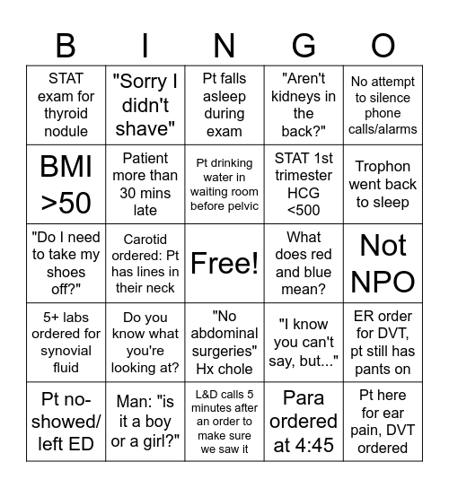 Ultrasound Bingo Card