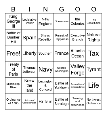 American Revolution BINGOO Bingo Card