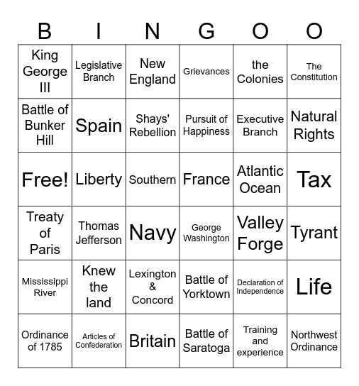 American Revolution BINGOO Bingo Card