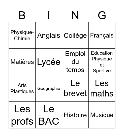 Le système scolaire français Bingo Card