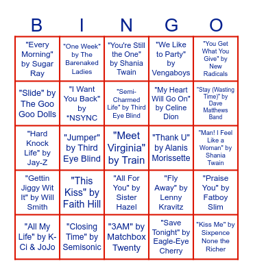 Songs of 1998! Bingo Card