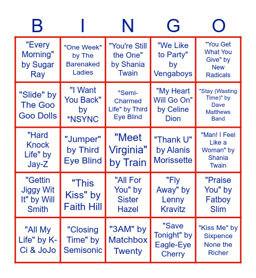 Songs of 1998! Bingo Card