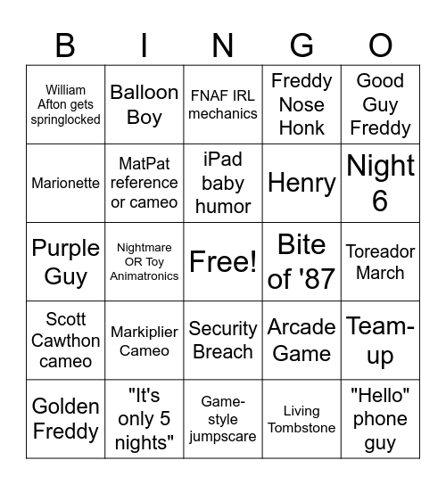 FNAF Movie Bingo Card