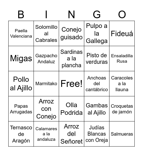Gran Bingo de la Gastronomía Española Bingo Card