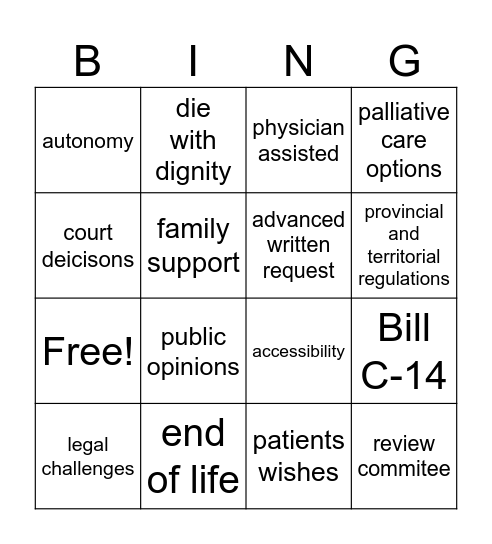 MAID Bingo Card