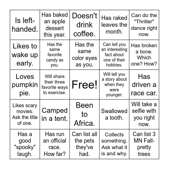 Fall-O-Rama Bingo Card