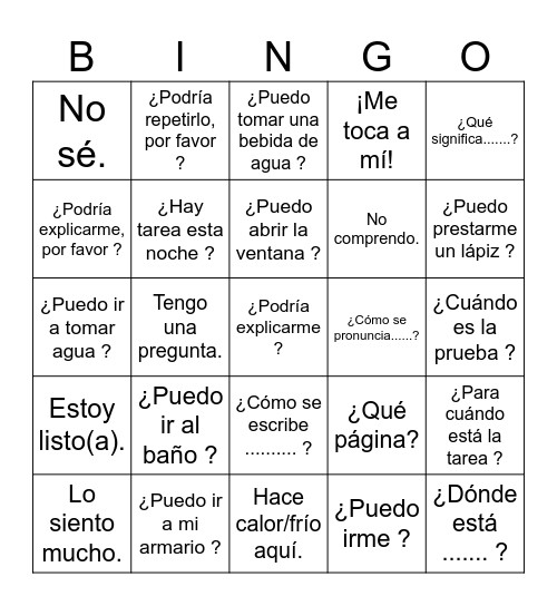 Frases útiles en la clase de español Bingo Card