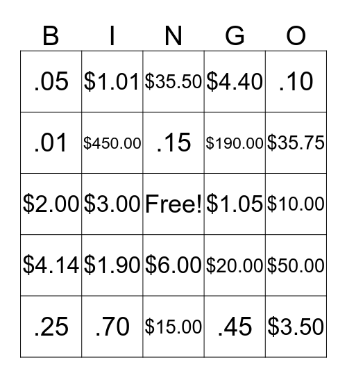 Money Bingo Card