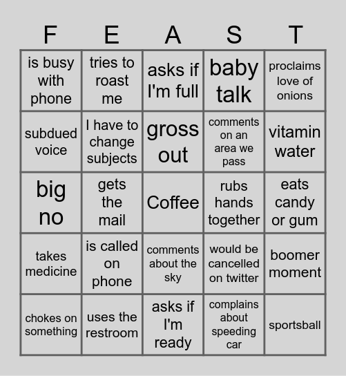 What will my dad do at mealtime? Bingo Card