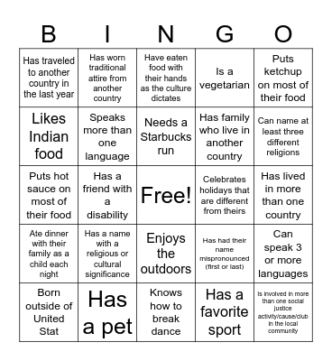 Cultural Diversity Bingo Card