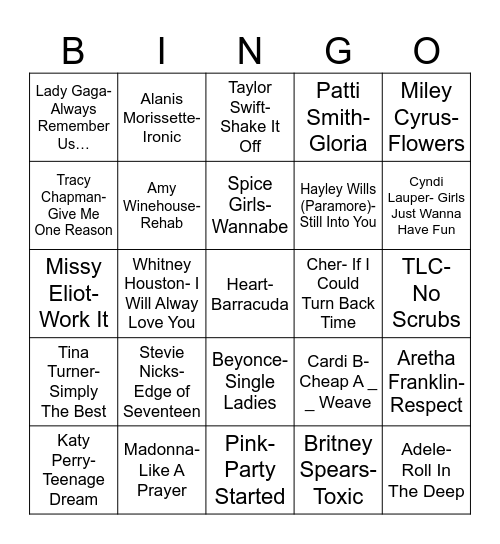 Total Quiz Trivia Presents: Radio Bingo Give It Up For The Ladies Bingo Card