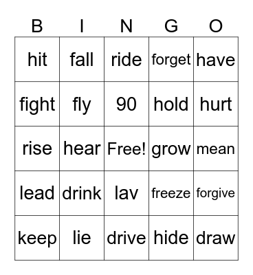 Irregular Verbs Bingo Card