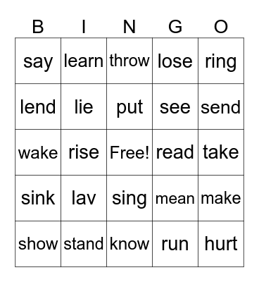 Irregular Verbs Bingo Card