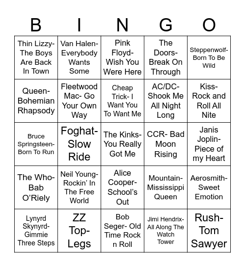 Total Quiz Trivia Presents: Radio Bingo Classic Rock Bingo Card