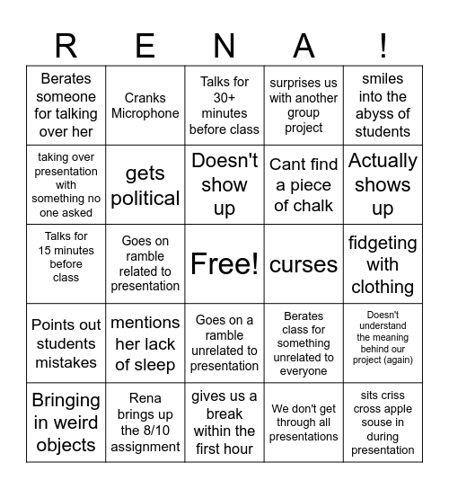 Rena ! ! Bingo Card