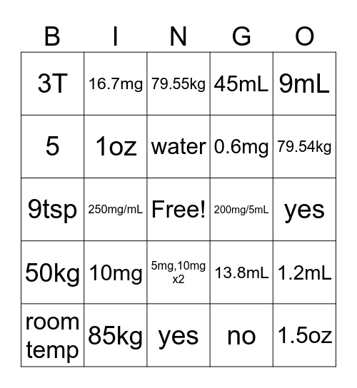 Dosage Calculation Fun! Bingo Card