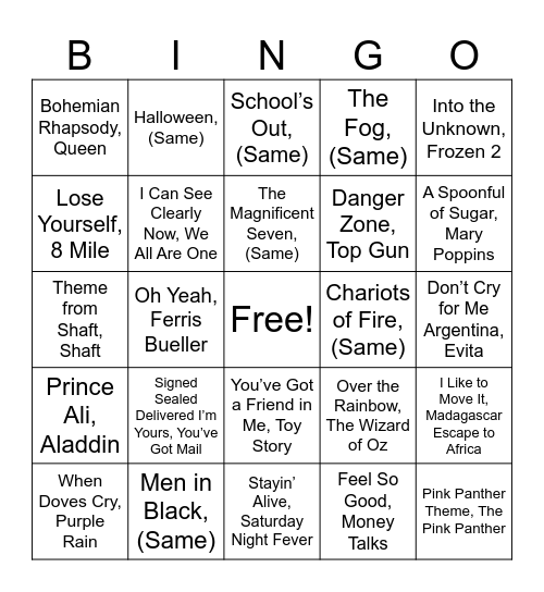 Songs from the Movies Bingo Card
