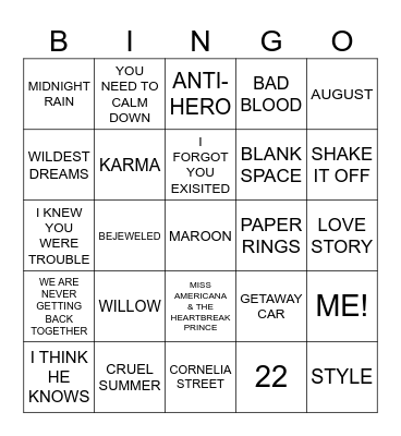 TAYLOW SWIFT SONGS Bingo Card
