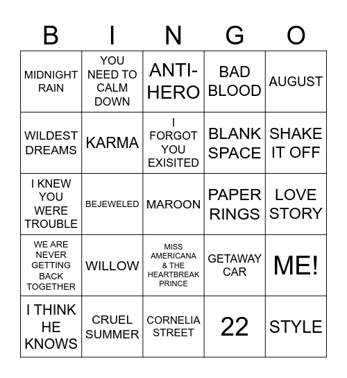 TAYLOW SWIFT SONGS Bingo Card