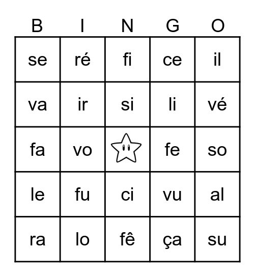 syllabes Bingo Card