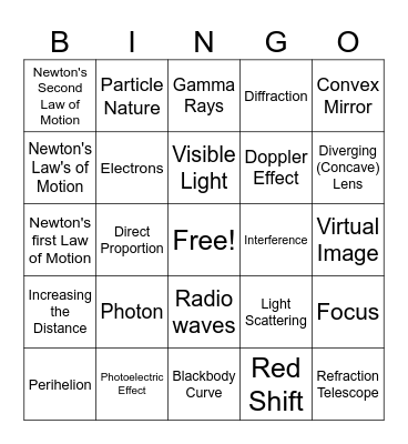 Astrophysics Test Review Bingo Card