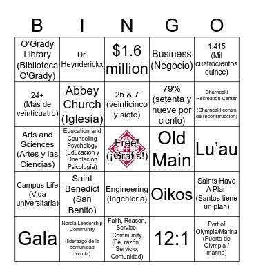 Benedictine Scholars Day Bingo Card
