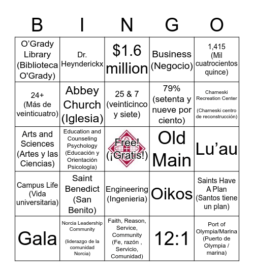 Benedictine Scholars Day Bingo Card