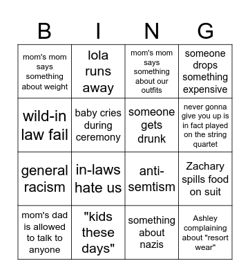 wedding disaster bingo Card