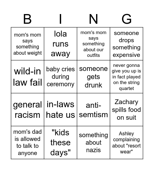 wedding disaster bingo Card