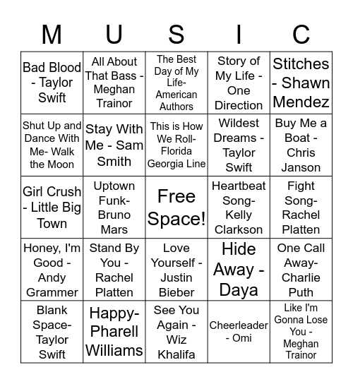 2016 Pop Music Bingo Card