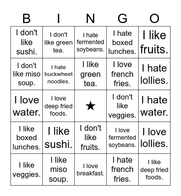 Like and Dislikes Year 7 Bingo Card