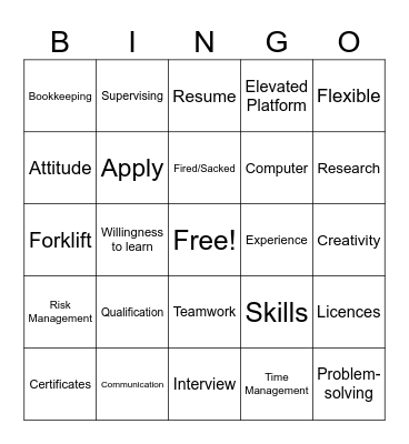 Workplace Skills Bingo Card