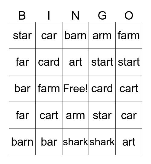 BINGO- ar words Bingo Card