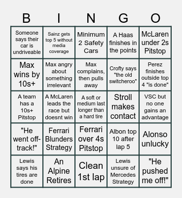F1 Bingo Card