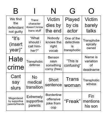 SVU trans episode Bingo Card