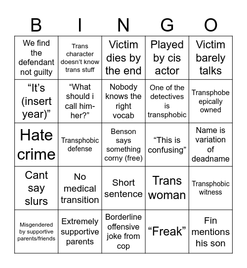 SVU trans episode Bingo Card