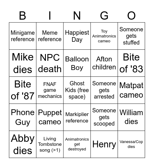 fnaf movie Bingo Card